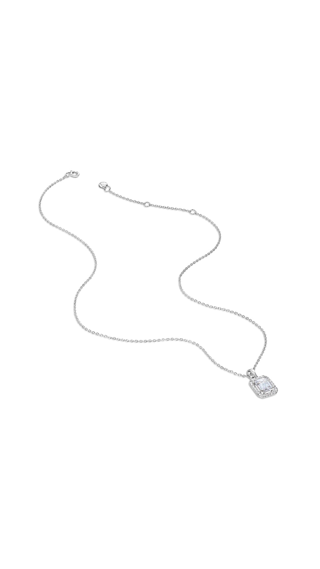 Classic sterling silver necklace for women featuring a beautifully handcrafted baguette cut surrounded by a halo of tiny stones.